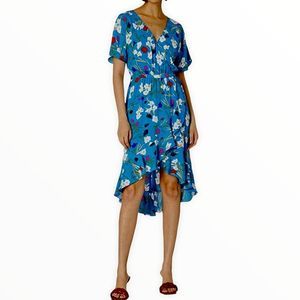 J Crew Mercantile Blue Floral Short Ruffle Sleeve. Faux Wrap Surplice Midi Dress